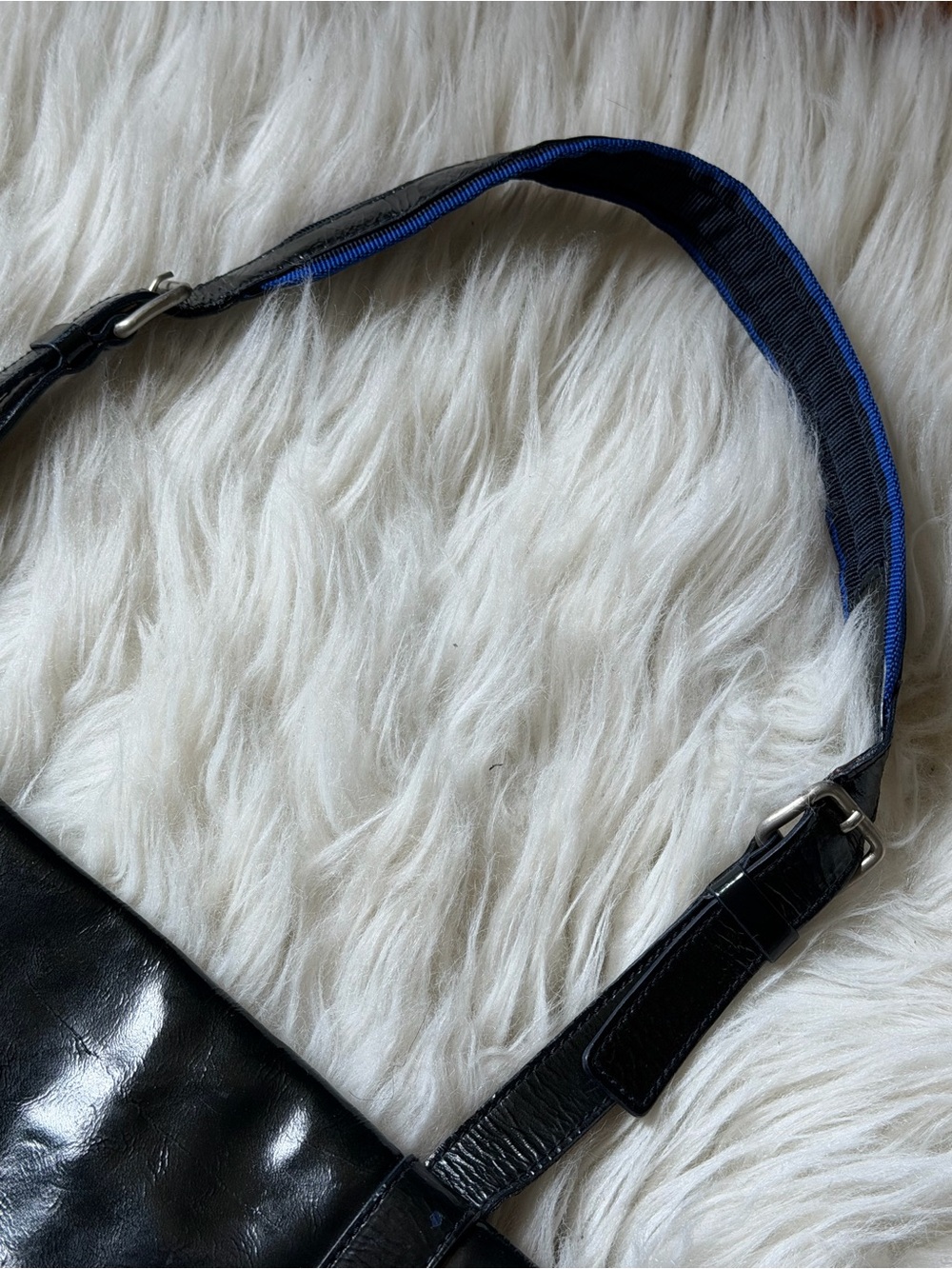 Vintage Miu Miu Blue Black Shiny Leather Wet Look Buckle Mini Shoulder Bag - Picture 11 of 14